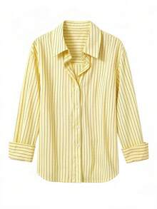 Women's Plus Size Casual Loose Striped Shirt Jacket With Collar And Cuffs - Yellow - View 4
