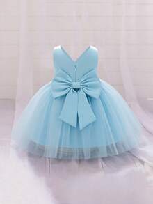 Baby Girls Small V-Neck Back Bow Satin Contrast Mesh Simple Cute Birthday Party Princess Dress, Headband And Bag Not Included - Baby Blue - View 5