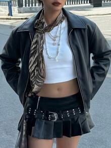 Women's Oversized Collared Faux Leather Bomber Jacket,Fall Clothes,Jackets Zip Up - Black - View 5