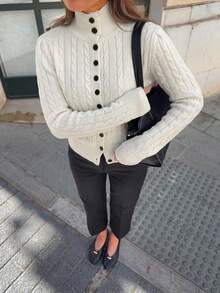 FOR BEAUTY Fall Winter Women Sweaters Elegant Casual Vacation Cream Cable Knit Button Up Cardigan High Neck Long Sleeve Tops Daily Outfits Clothes - White - View 4