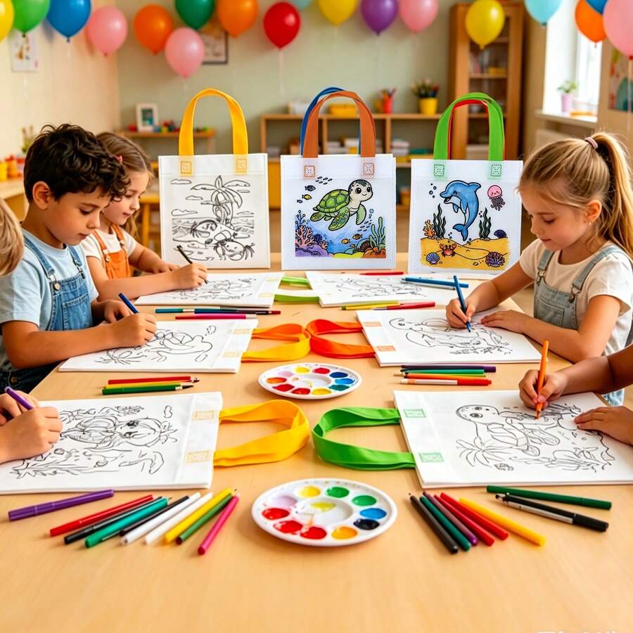 6/12/24pcs Reusable DIY Doodle Non-Woven Shopping Bags - DIY Doodle Bags, Children's Kindergarten Handmade Coloring Painting Materials, Educational Coloring - Random Style Patterns And Rope Colors