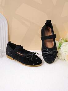 Girls' White Satin Pearl Bow Mary Jane Flats, Princess Style Formal Dress Shoes For Kids - Black - View 6