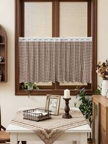 1Pc,White Perforated Lace Splicing American Country Retro Plaid Kitchen Half Curtains For Restaurant Cafe Windows Drapes Over Sink,Oven, Microwave, Curtain Decoration - Khaki - View 8