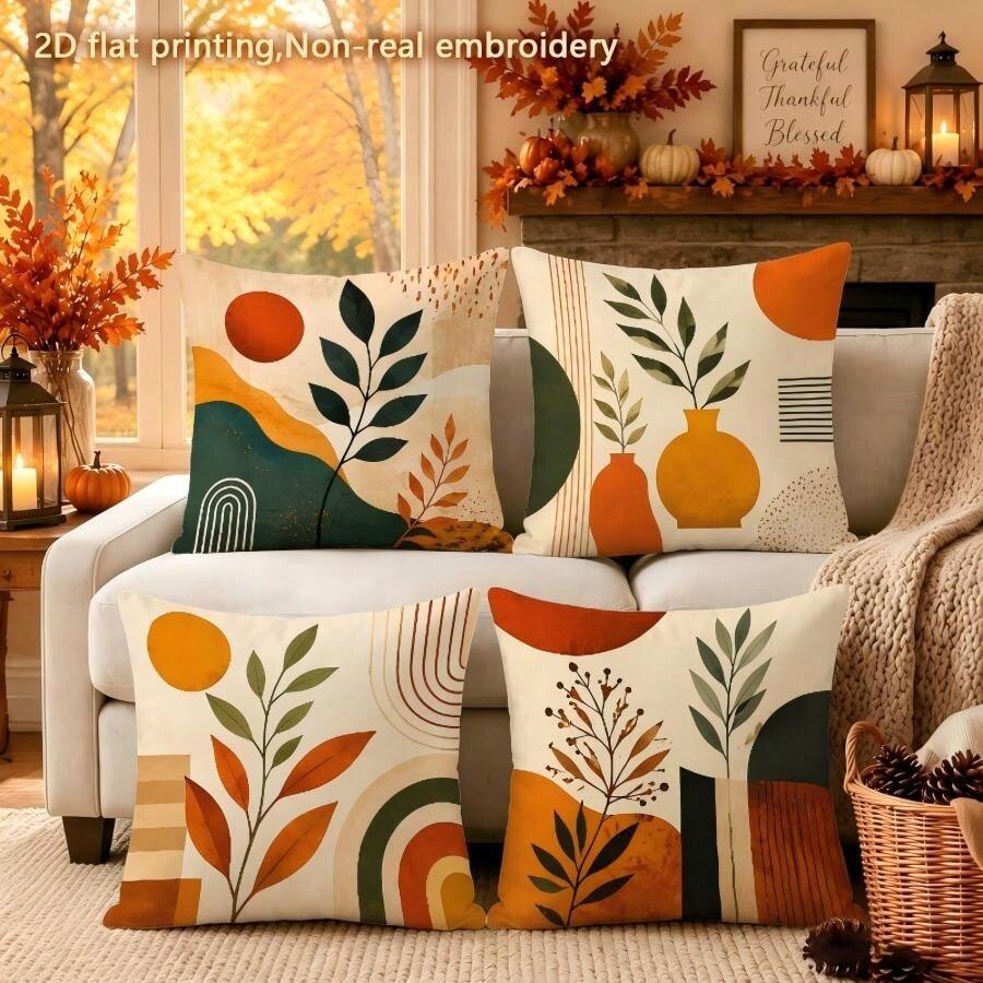 4pcs Autumn Theme, Nordic Abstract Morandi Autumn Leaf Vase Geometric Color Block Plant Branch Leaf Print Pattern Decorative Pillow Covers, Cushion Covers_Pillow Covers, Single-Sided Printing, Zipper Closure Machine Washable, Suitable For Sofa Bed And Car Decoration Machine Washable Polyester Pillow Covers (Pillow Insert Not Included) - Multicolor - View 1
