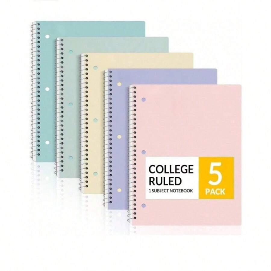 YY Spiral Notebooks, 1-Subject, 5 Pack, College Ruled Paper, 8" X 10-1/2", 70 Sheets Per Notebook,3-Hole Punched Paper, Pink,Purple, Blue, Green, Yellow Spiral Lined Notebooks For School,Work(Random Color) - 5 - View 1