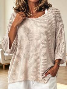 Plus Size Loose Fit Solid Color 3/4 Sleeve Knit Sweater - Apricot - View 2