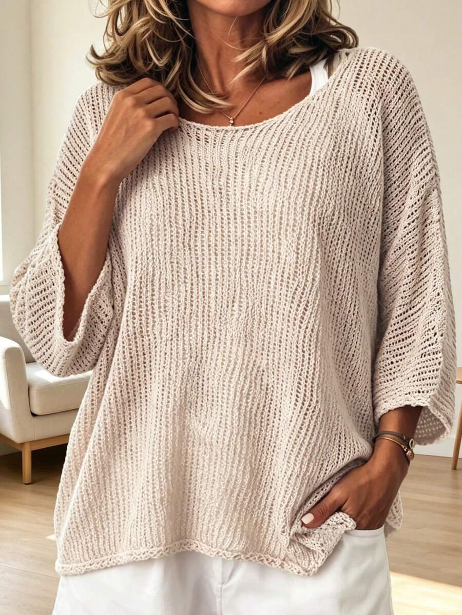 Plus Size Loose Fit Solid Color 3/4 Sleeve Knit Sweater
