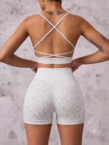 2pcs/Set Women's Seamless Leopard Print Sports Set, High Waist Butt-Lifting Shorts & Adjustable Criss-Cross Sports Bra - Light Grey - View 5