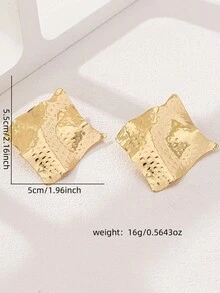 1對誇張幾何不對稱耳釘耳環，歐美風女款 - 金色方形耳釘 - 查看 2