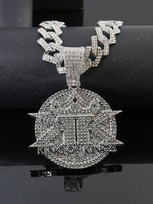 European And American Hip Hop Heavy Work Full Rhinestone KING OF KINGS Crown Round Pendant Cuban Chain, Unisex Rhinestone Thick Chain, American Rap Street Style Bold Gold And Silver Dual Color Collarbone Necklace - Ace Pendant Necklace - View 8