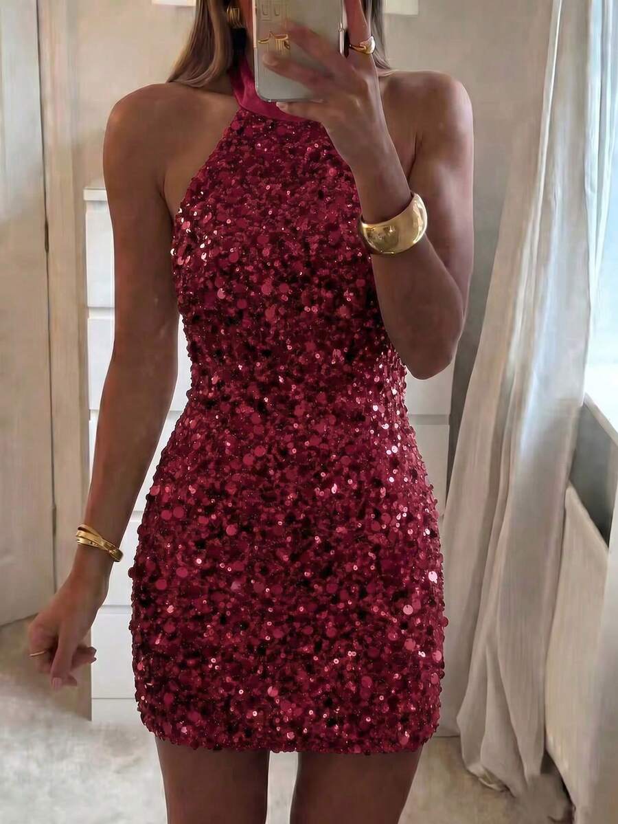 Unadoll 女款秋季酒紅色亮片掛脖露背修身迷你洋裝,適合婚禮、度假、派對 - 酒紅色 - 查看 1