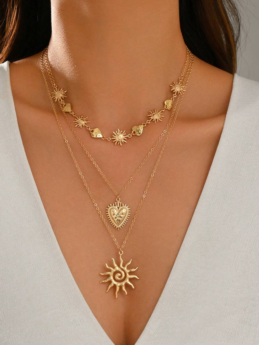 3pcs/Set Vintage Casual Heart & Sun Necklace Set, Fashion Heart-Shaped Spiral Sun Pendant Necklace, Popular Women's Neck Jewelry Suitable For Daily Wear And Holiday Party - Gold - View 1