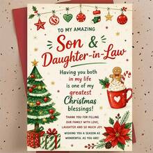 1 Greeting Card + 1 Envelope Warm Festive Christmas Greeting Card, Decorated Tree And Cocoa Mug To My Amazing Son And Daughter In Law, Holiday Season Watercolor Style Elegant Card. - View 6