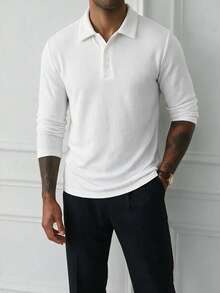 Men's Spring/Autumn Solid Color Textured Jacquard Collar Casual Long Sleeve Polo Shirt - White - View 3
