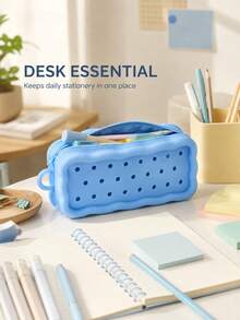 1pc Solid Color Silicone Pencil Case, Rectangular Zipper Pencil Pouch With Perforated Round Holes, Wavy Edge And Carrying Loop, Stationery Storage Bag For Desk Organization And Daily Use - Multicolor - View 6