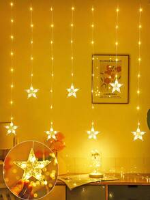 1pc 2M 82LED Curtain Decor Star String Lights,Battery Power Star Fairy String Lights,Christmas Hanging Window Decor Lights, Indoor Room Bedroom Wall Decor String Lights, Wedding Party Holiday Decorative String Lights,Christmas Decor Star Lights - Clear - View 12