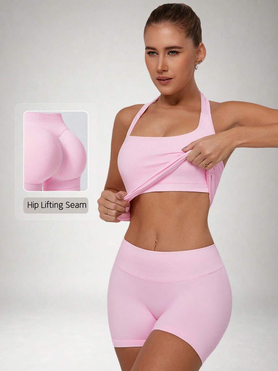 NcmRyu Women's One Set Spaghetti Strap Removable Padded Fitted Camisole And Ruched Butt Shorts Sports Set - Pink - View 1