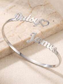 Personalized Name Open Cuff Bracelet, Minimalist Fashion Stainless Steel Jewelry, Personalized Double Name Bracelet, Customizable Two Names Adjustable Open Cuff Bracelet, Heart Shaped Bracelet, Couple Gift, Formal Family Event And Birthday Gift, Women's Bracelet, Valentine's Day Gift, Summer Jewelry, Mother's Day Gift - Multicolor - View 5