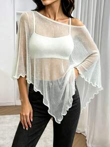 Plus Size Casual Solid Color Asymmetric Design Poncho Style Knit Top White Summer - White - View 1