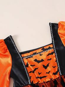 Girls' Autumn/Winter Halloween Bat Flocked Print Mesh Square Neck Puff Long Sleeve Dress, Suitable For Daily Casual, Holiday Party, Outings And Atmospheric Outfit - Orange - View 4