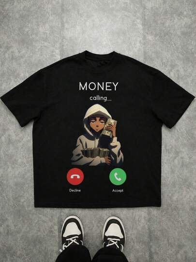 [100% Cotton] Men's Graphic Tee Money Calling Print Oversized T Shirt, Y2K Streetwear Cartoon Design Casual Short Sleeve Shirt,Funny Tee,Summer Tops