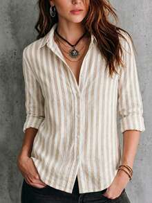 Women Striped Linen Shirts Button Down Long Sleeve Casual V Neck Blouse Work Office Tops Loose Fit - Khaki - View 3