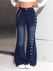 Vintage Fashion Elegant Gentle Delicate Design Button Split Hem Women's Denim Jeans Vacation - Raw Cow Color - View 6