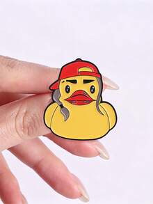 Cool Rubber Duck Enamel Pin Cartoon Duck With Red Cap & Braids Brooch Casual Outfit Decor Badge - Yellow - View 7