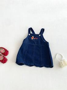 Miniweenns 1pc Baby Girl Denim Sweet Cute Style Adjustable Suspenders Embroidered Pocket Wavy Hem Dress - Blue - View 7