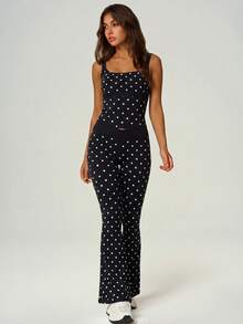 UONNOU 2pcs Polka Dot Square Neck Criss-Cross Strap Tank Top + Criss-Cross Waist Flare Pants Sports Set - Black - View 7