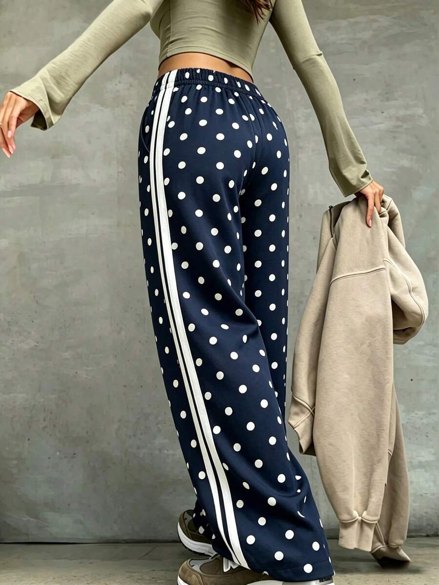 Women's Sports Long Pants, Dual Pockets, Straight Leg, Thin Summer Style, Elastic Waist With Drawstring Design, Fashion Polka Dot Pattern - Navy Blue - View 1