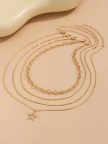 4pcs/Set Fashion Gold Vintage Minimalist Star Pendant Chain Necklace Jewelry Set - Gold - View 4