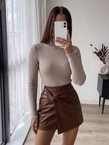 SEREN New Autumn/Winter Vertical Striped Knit Turtleneck Sweater For Women, Khaki, Slim Fit, Casual Style, Suitable For Daily Commute And Travel - Yan - View 3