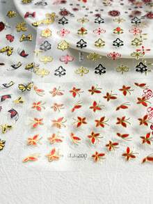 30pcs Mixed Red Black Gold Butterfly Rose Metal Foil Nail Art Stickers, Classical Floral Atmosphere, New Chinese Vintage Luxury, DIY Nail Art Decoration Supplies - Multicolor - View 7