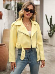Women's Solid Color Minimalist Daily Zipper Short Jacket - New Bright Yellow - View 3
