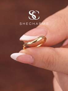 1件極簡曲面925純銀戒指，適合女性、女孩約會禮物，優雅精緻珠寶 - 金色 - 查看 3