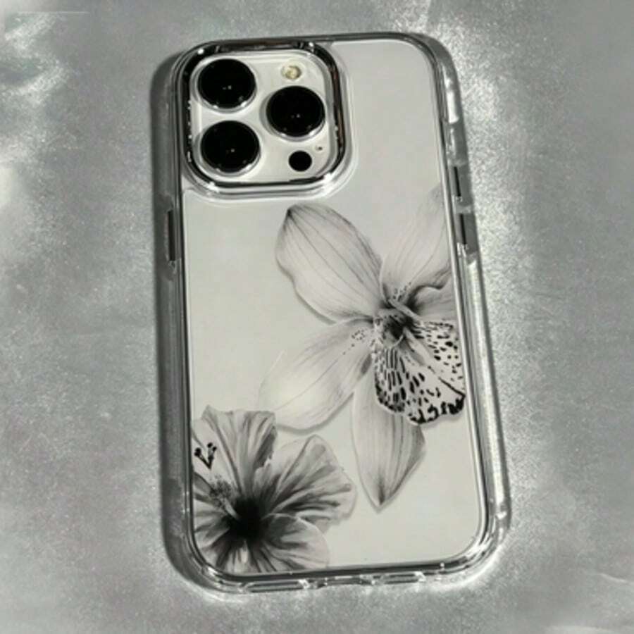 1pc Metal Button Minimalist Transparent Grayscale Ink Wash Floral Pattern Phone Case Personalized For IPhone 16 Pro Max 17 16 15 14 Plus 13 12 11 Air Protective Shell - Multicolor - View 1