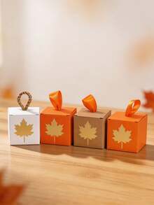 10pcs Autumn Maple Leaf Gift Boxes With Rope Or Ribbon Handle, Paper Favor Boxes For Thanksgiving, Harvest Festival, Friendsgiving, Wedding, Baby Shower, Birthday Party, Small Gift Packaging, Easy To Assemble - 5.5X5.5X5.5cm - View 5