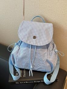 Korean Style Fresh Plaid Drawstring Flap Backpack, Minimalist Japanese Small Grid Fabric Bag, Lightweight Wear-Resistant Multi-Pocket Student School Shopping Outdoor Travel Casual Versatile Backpack For Girls - Multicolor - View 15