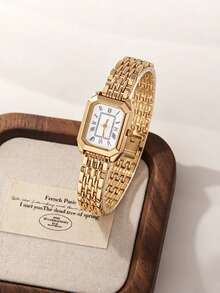 1pc Vintage Luxury Square Gold Watch, Woven Steel Band Quartz Wristwatch, Versatile Elegant Watch For Office Commute And Daily Wear, Niche Luxury Style Decorative Watch - Gold - View 2