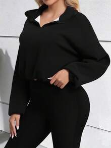 Women's Half-Zip Fleece Sweatshirt Solid Color Long Sleeve Pullover - Black - View 4