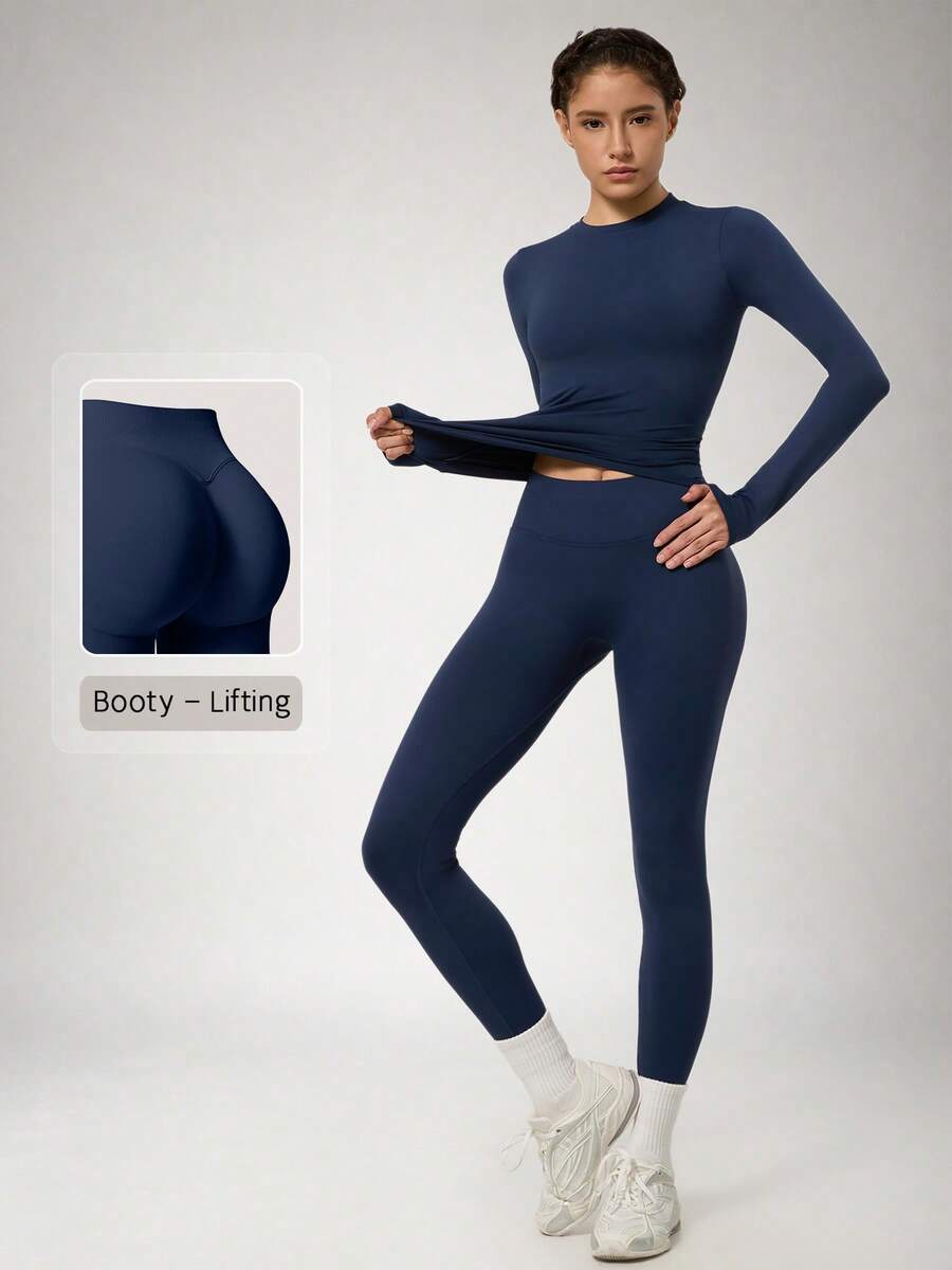 NcmRyu Women's One Set Solid Color Seamless Round Neck Short Sleeve Butt-Lifting Tight Cropped Pants Sports Outfit - Navy Blue - View 1