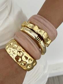 5 peças/1 peça Conjunto de Pulseiras Vintage Elegante Casual Feminino em Dourado CCB e Acrílico Rosa, Adequado para Uso Diário - Multicolorido - Visão 1