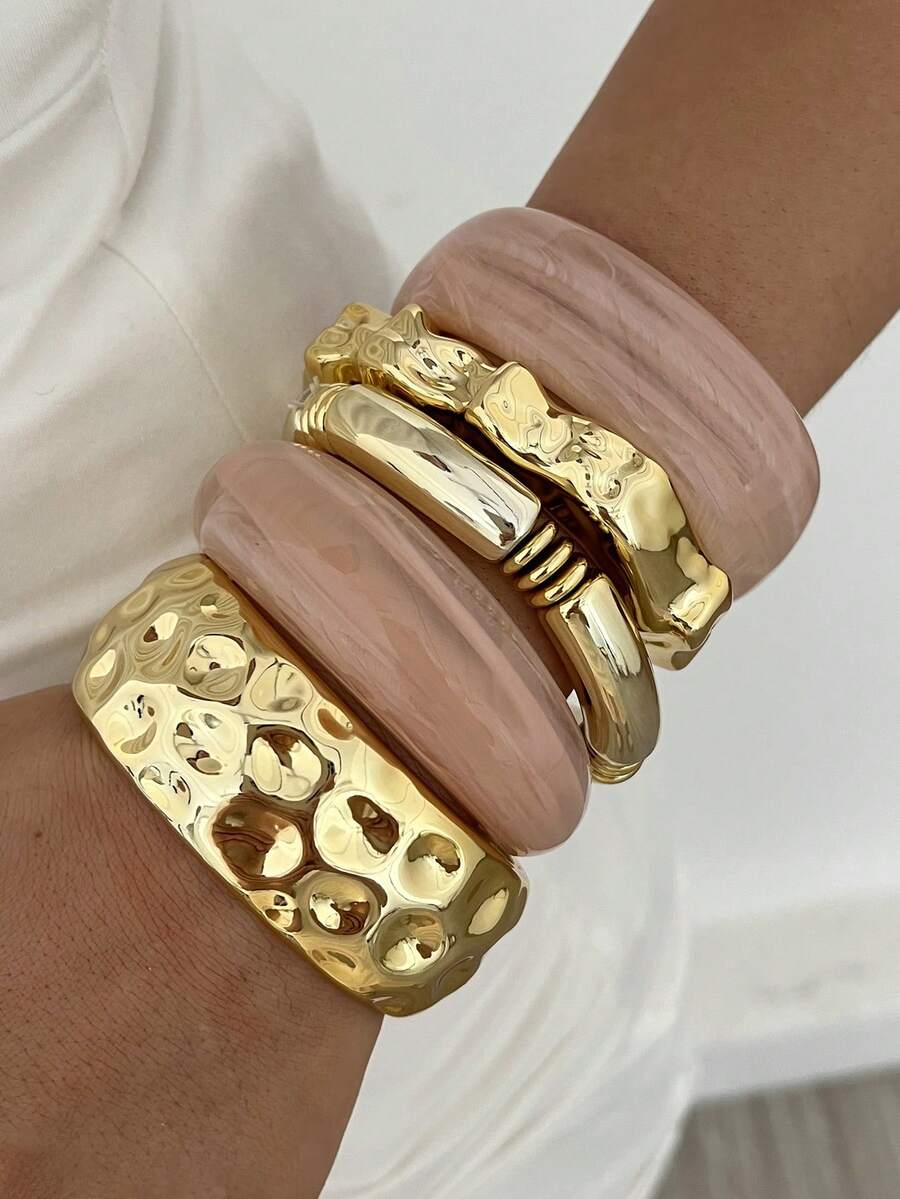 5 peças/1 peça Conjunto de Pulseiras Vintage Elegante Casual Feminino em Dourado CCB e Acrílico Rosa, Adequado para Uso Diário - Multicolorido - Visão 1