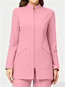 Casual Commuter Long Sleeve Zip-Up Pocket Stand Collar Scrub Jacket Workwear For Nurse, Dentist, Pet Hospital, Laboratory, Pink - Pink - View 5