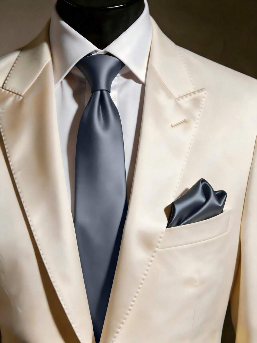 1 Set Men's Solid Color 8cm Satin Tie & Pocket Square Set, Business Tie & Handkerchief Set - Dark Grey - View 1