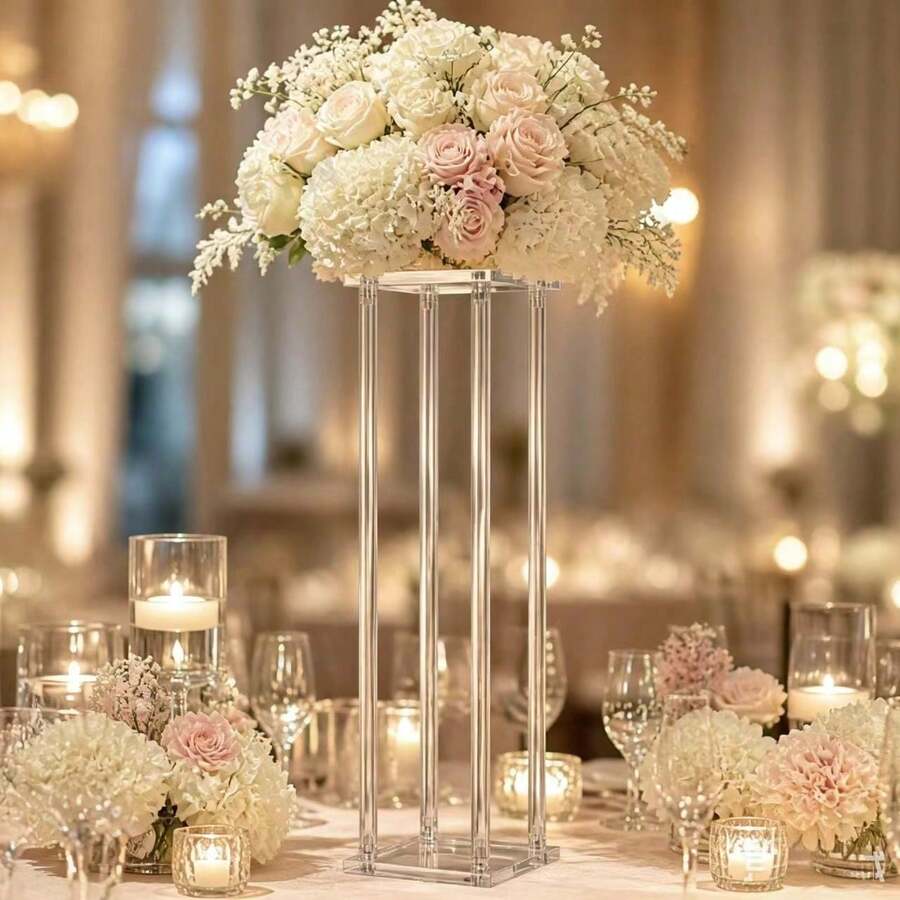 1 Stück eleganter Hochzeits-Blumenständer, transparente quadratische Acryl-Säulen-Dekovase, rechteckige Hochzeits-Tischdekoration, Event-Party-Weihnachts-Tischdeko, Blumenständer - Transparent - Übersicht 1