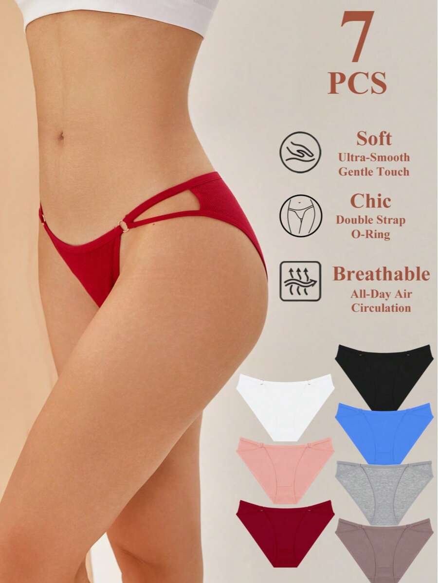 7Pcs Women's Cotton Sexy Ring Comfortable Low Rise Briefs - Multicolor - View 1