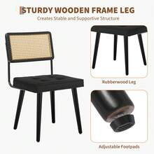Set Of 2 Mid-Century Modern Rattan Dining Chairs – Cane Back, Linen Or Velvet Seat, Solid Wood & Metal Frame – Boho Chic Seating For Home, Restaurant, Lounge, Or Office - Black and White - View 2