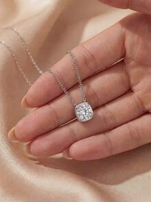 Besthing 1pc S925 Sterling Silver 2CT Round Moissanite Bezel Set Necklace, Minimalist Luxury Commuter Collarbone Chain, Daily Workplace Date Outfit Accessory - Silver - View 3